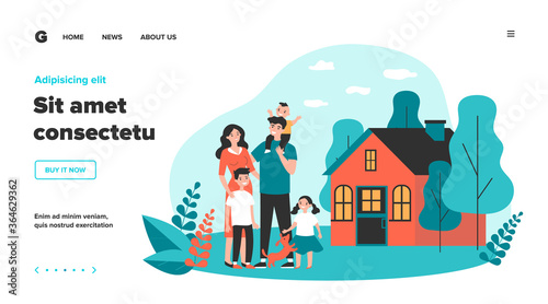 Happy family couple with kids and pet standing together outside, in front of their house. Vector illustration for home, real estate, residential area concept