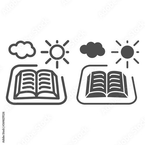 Open book with sun and cloud line and solid icon, picnic concept, outdoor reading sign on white background, Open book icon in outline style for mobile concept and web design. Vector graphics.