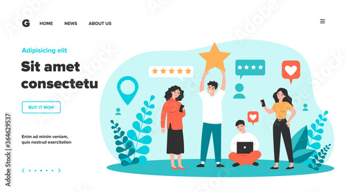 Happy customers giving feedback to service or online store. People with gadgets voting with rating stars. Vector illustration for client positive review, assessment, evaluation concept