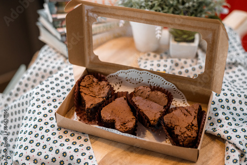 chocolate brownies in paper boxes ready for take away and delivery