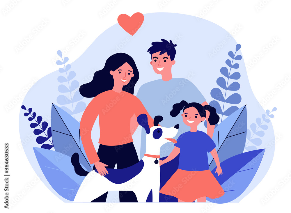 Parents presenting pet to their child flat abstract illustration. Happy family adopting dog. Little girl greeting new friend. Charity and animal adoption concept.
