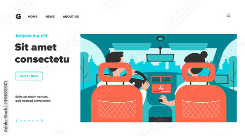 People listening to music while travelling by car. View from backseat of couple on passenger and driver seats inside car interior. Vector illustration for transportation, vehicle, trip concept