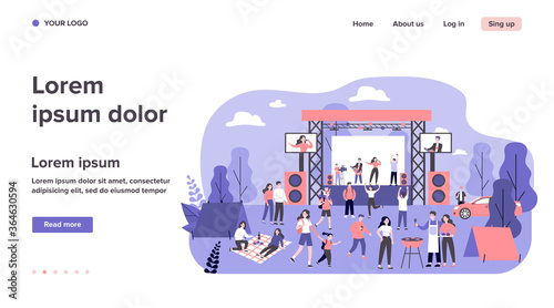 Outdoor rock concert and food festival. Crowd of people listening to music in park, enjoying camping, picnic and barbecue. Vector illustration for open air party, leisure, event concept