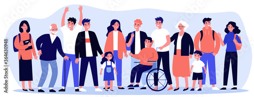 Fototapeta Naklejka Na Ścianę i Meble -  Diverse community members standing together. Crowd of happy men, women of different ages, children and disabled person. illustration for civil society, diversity, togetherness, citizens concept