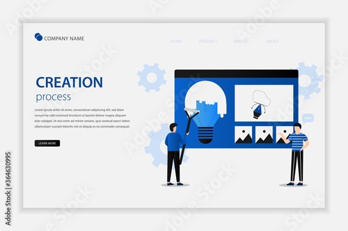 Creation process creative with people working. Analysis, design, programming, and testing. Isolated vector flat illustration. Suitable for landing page, editorial, flyer, banner.