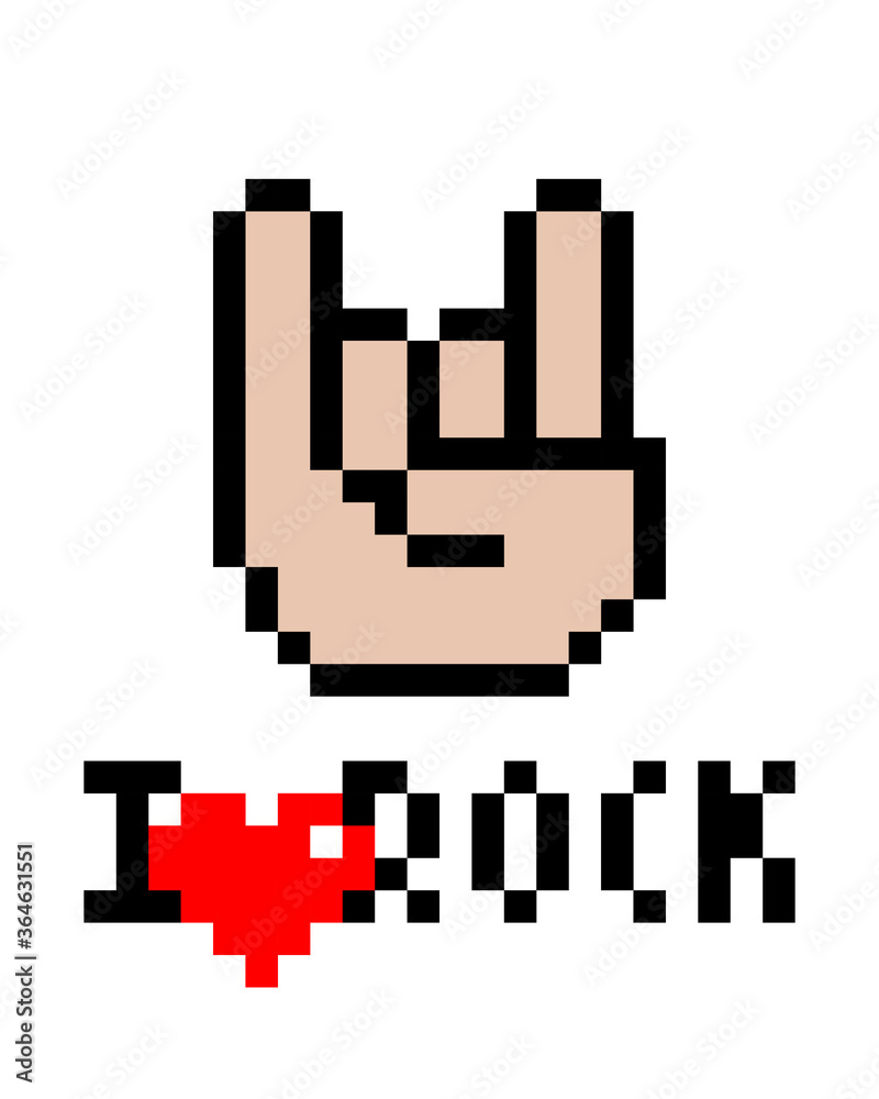 Pixel hand of rock and roll image. I love rock pattern for t shirt. Vector Illustration of pixel art.