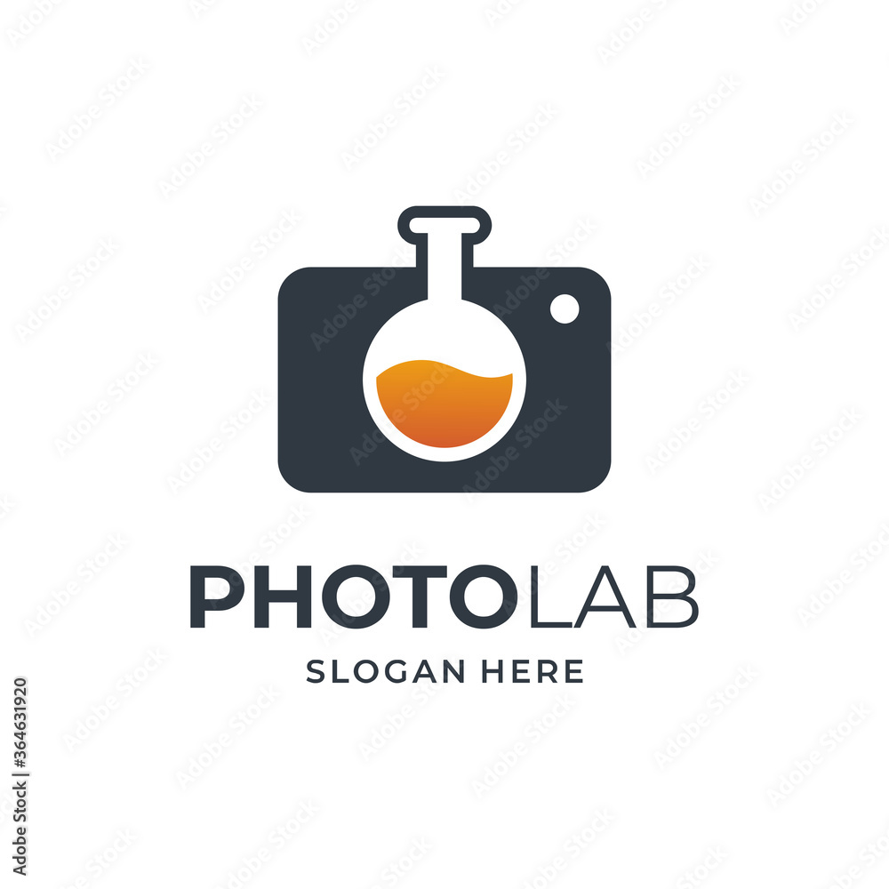 Naklejka premium photography logo concept with camera and laboratory glassware element.