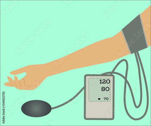 A tonometer on a hand. Tonometer measures pressure on the hand of the patient. Vector illustration.
