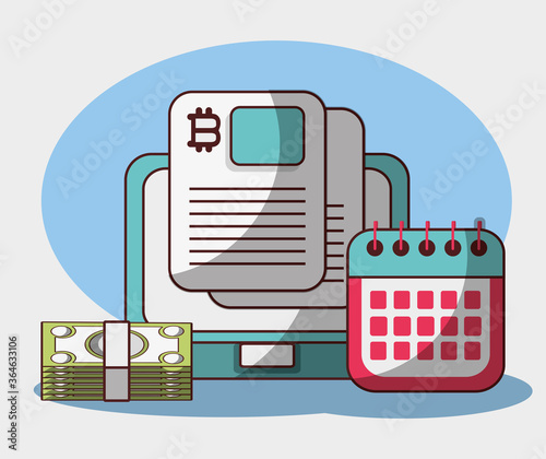 bitcoin laptop calendar banknotes money cryptocurrency transaction analytics data