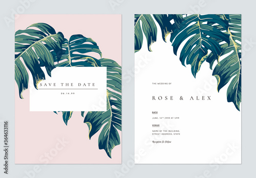 Botanical wedding invitation card template design, hand drawn Split-leaf Philodendron leaves