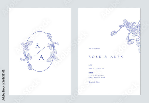 Minimalist floral wedding invitation card template design, vintage floral line art ink drawing in blue on white