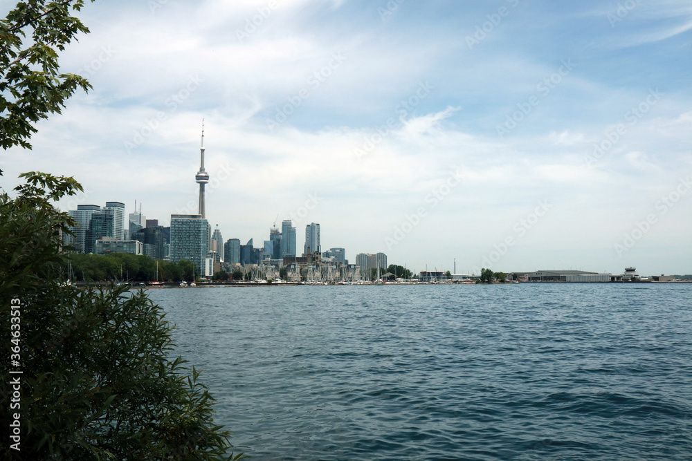 View of the Toronto skyline from lake Ontario. Toronto skyline and CN tower