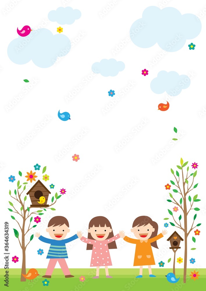 Background with nature and children.Background related to children.The House of Birds on the Tree and the Children.