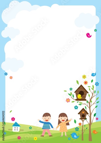 Background with nature and children.Background related to children.The House of Birds on the Tree and the Children.