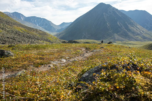 Amazing mountain landscape with colorful cloudless sky. Travel and hiking concept. Mountain landscape Subpolar Urals.