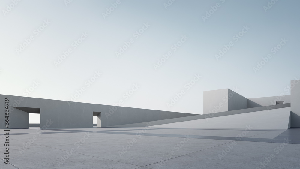 Empty concrete floor for car park. 3d rendering of abstract gray building with clear sky background. Empty concrete floor for car park. 3d rendering of abstract gray building with clear sky background.