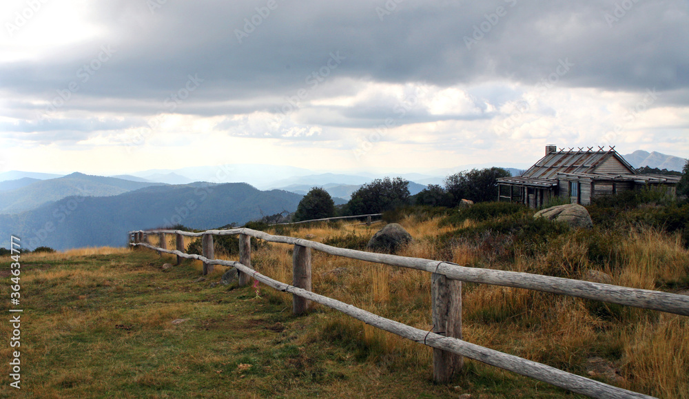 The rugged high country of the Victorian Alps in Victoria Australia featuring forest, cabin