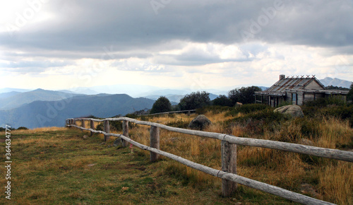 The rugged high country of the Victorian Alps in Victoria Australia featuring forest  cabin