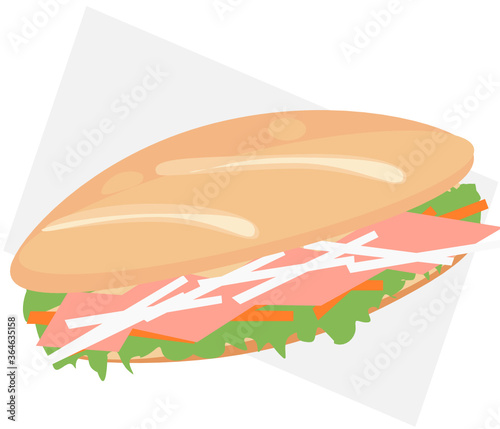 Banh Mi Sandwich, soft baguette painted with Sriracha Mayo, topped with pork, pickled carrots and coriander