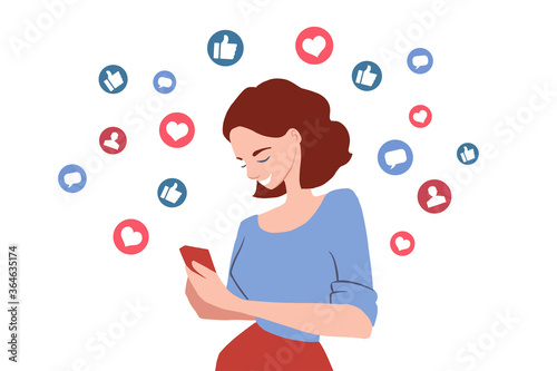 Young smiling woman holding smartphone in hands. Like button icons flying out of mobile phone. Getting likes in social media concept banner. Cartoon character, vector illustration.