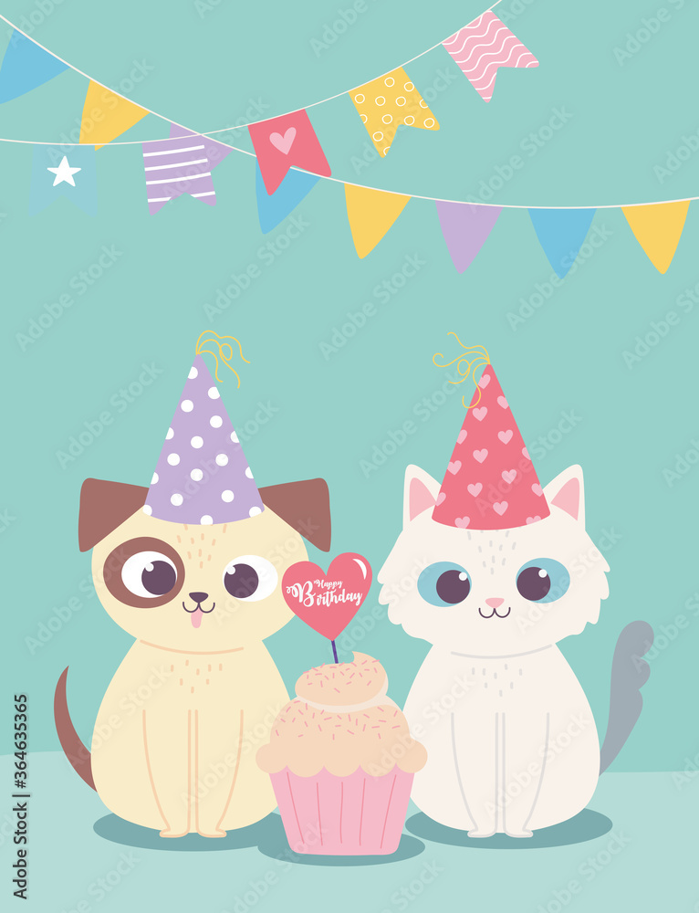 happy birthday, cute dog and cat with party hat and cupcake, celebration decoration cartoon happy birthday, cute dog and cat with party hat and cupcake, celebration decoration cartoon