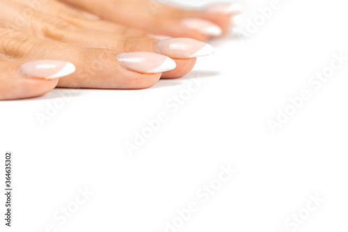 Manicured hands nail, beauty female hand care with polish finger isolated on white background. Elegant and graceful hands with slender graceful fingers.
