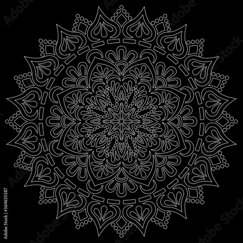 White outline mandala on a black doodles sketch
