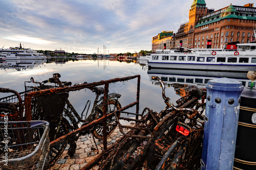 Stockholm, Sweden  Metal garbage like bicycles and shopping carts pulled out of the sea at Nybroplan for environemtal reasons. photo