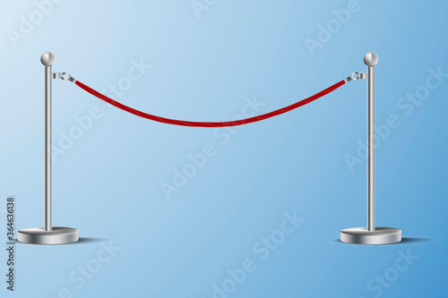 Red barrier made of rope. Vector velvet fence for VIP persons. Realistic prop. Stock Photo.