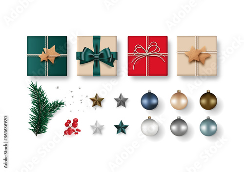 Christmas composition set. Gift box craft style, Star, Christmas ball, fir tree green, red berry, flat lay isolated on white background. Top view. Xmas holiday decor. Vector illustration.