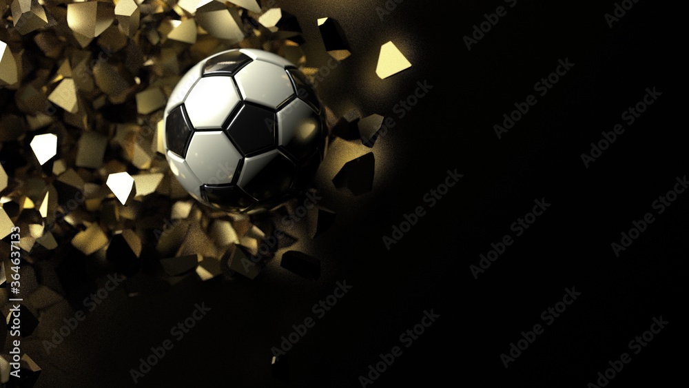 Soccer ball crash golden wall and the wall was cracked. 3D illustration. 3D high quality rendering. 3D CG.