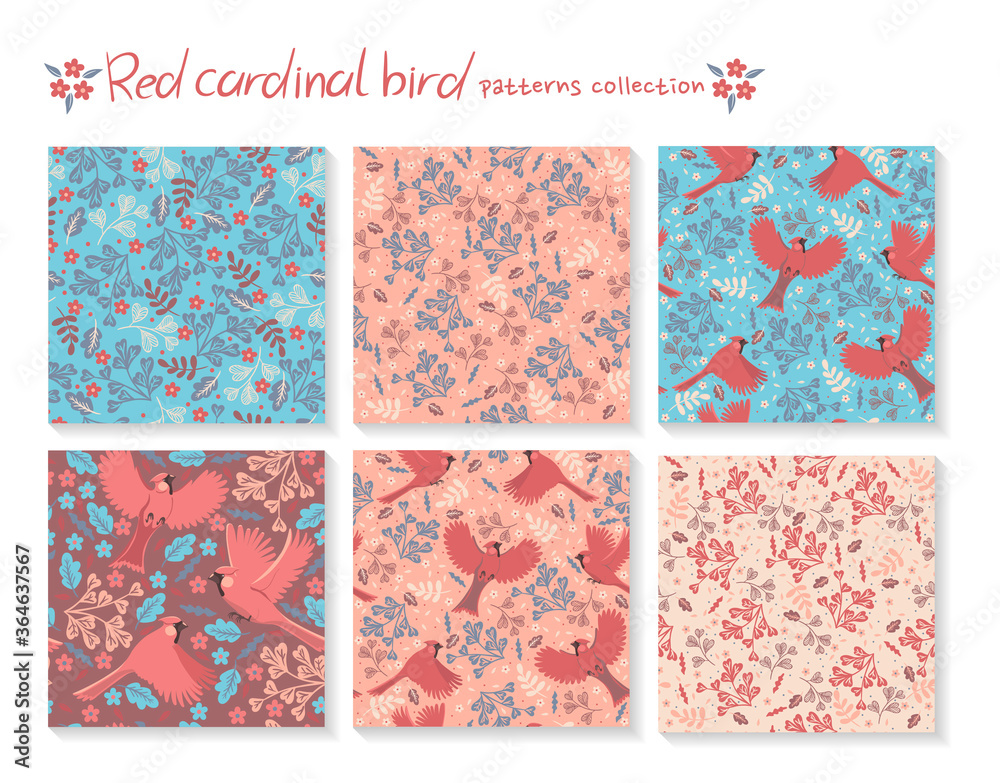 Set of seamless patterns with red cardinal birds and with floral elements. Vector graphics.