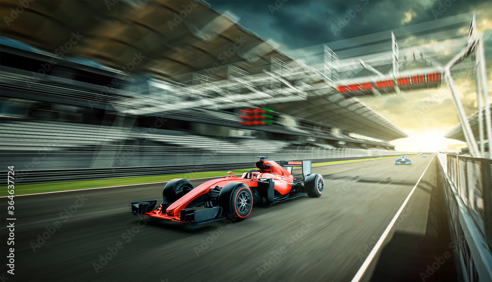 Race driver pass the finishing point and motion blur background. 3D rendering and mixed media composition.