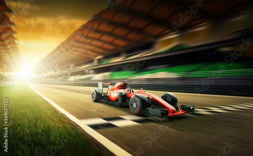 Race driver pass the finishing point and motion blur background during sunset. 3D rendering and mixed media composition. © Image Craft