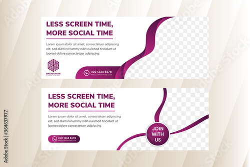set of creative web banners of standard size use horizontal layout with a place for photos. Business ad banner. pink purple gradient color on elements and white background. Social time of headline