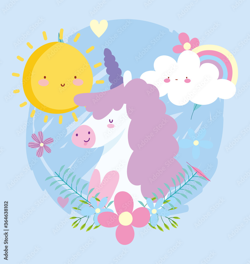 little unicorn rainbow flowers sun cloud fantasy magic animal cartoon