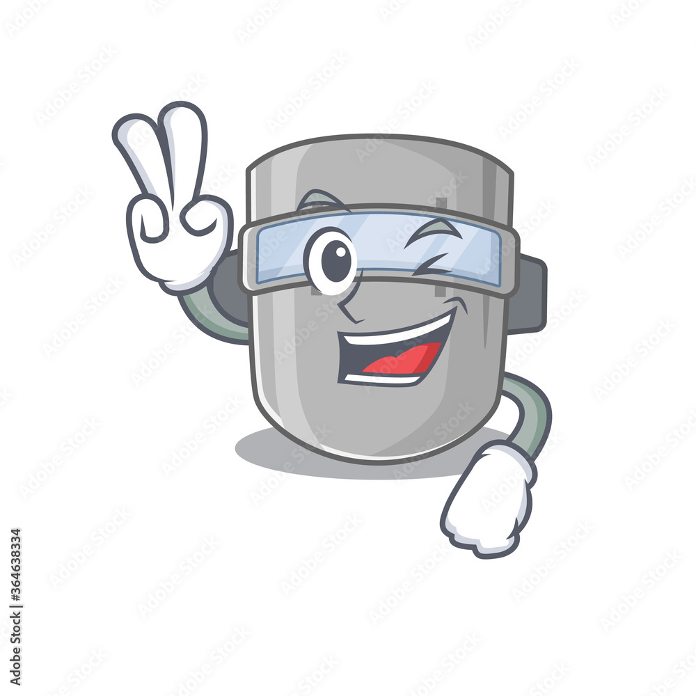Obraz premium Happy welding mask cartoon design concept show two fingers