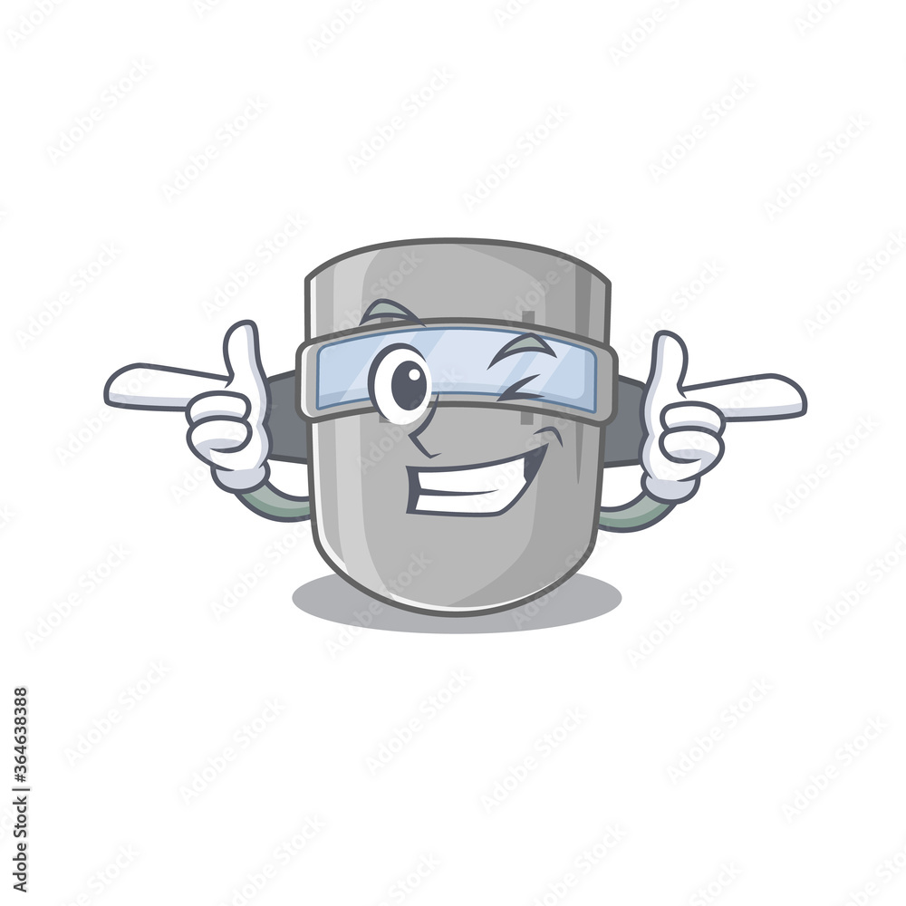 Cartoon design of welding mask showing funny face with wink eye