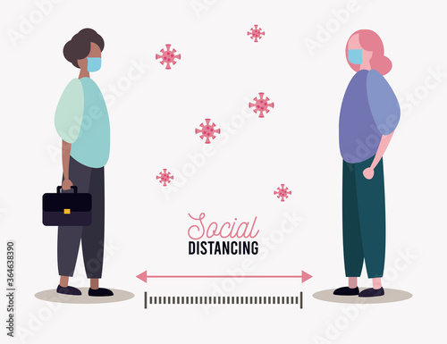 couple wearing medical mask practicing social distance