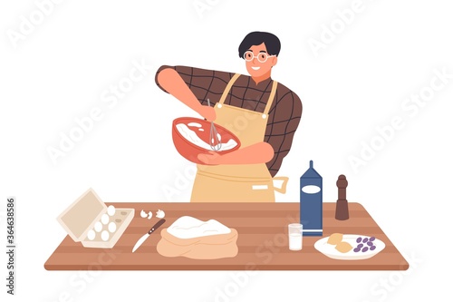 Happy guy in apron mixing ingredients preparing dough in bowl vector flat illustration. Smiling man cooking dessert at kitchen table isolated on white. Preparation homemade pastry or baking