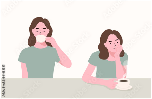 Woman drinking coffee in cafe table. Drinking a cup of hot black coffee. Coffee shop visitors. Front view. Modern flat vector illustration.