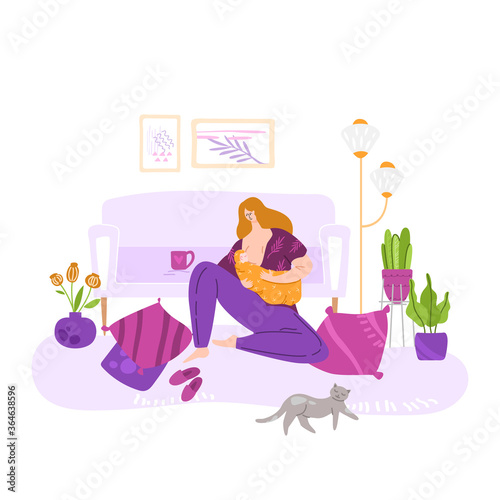 Breast feeding and happy motherhood, Young mother nursing baby, flat cartoon female character. Maternity leave, natural feeding concept. Woman breastfeeding her child indoors. flat vector illustration