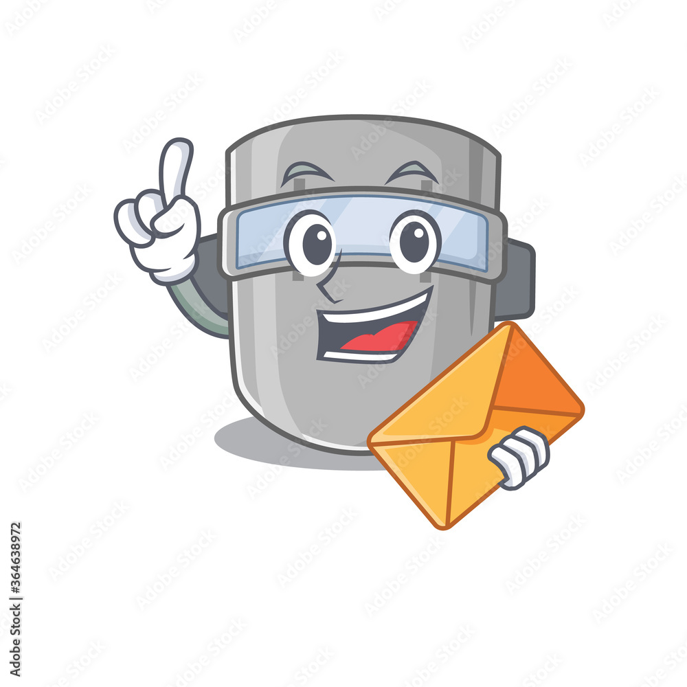 A picture of cheerful welding mask cartoon design with brown envelope
