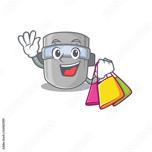 wealthy welding mask cartoon character with shopping bags
