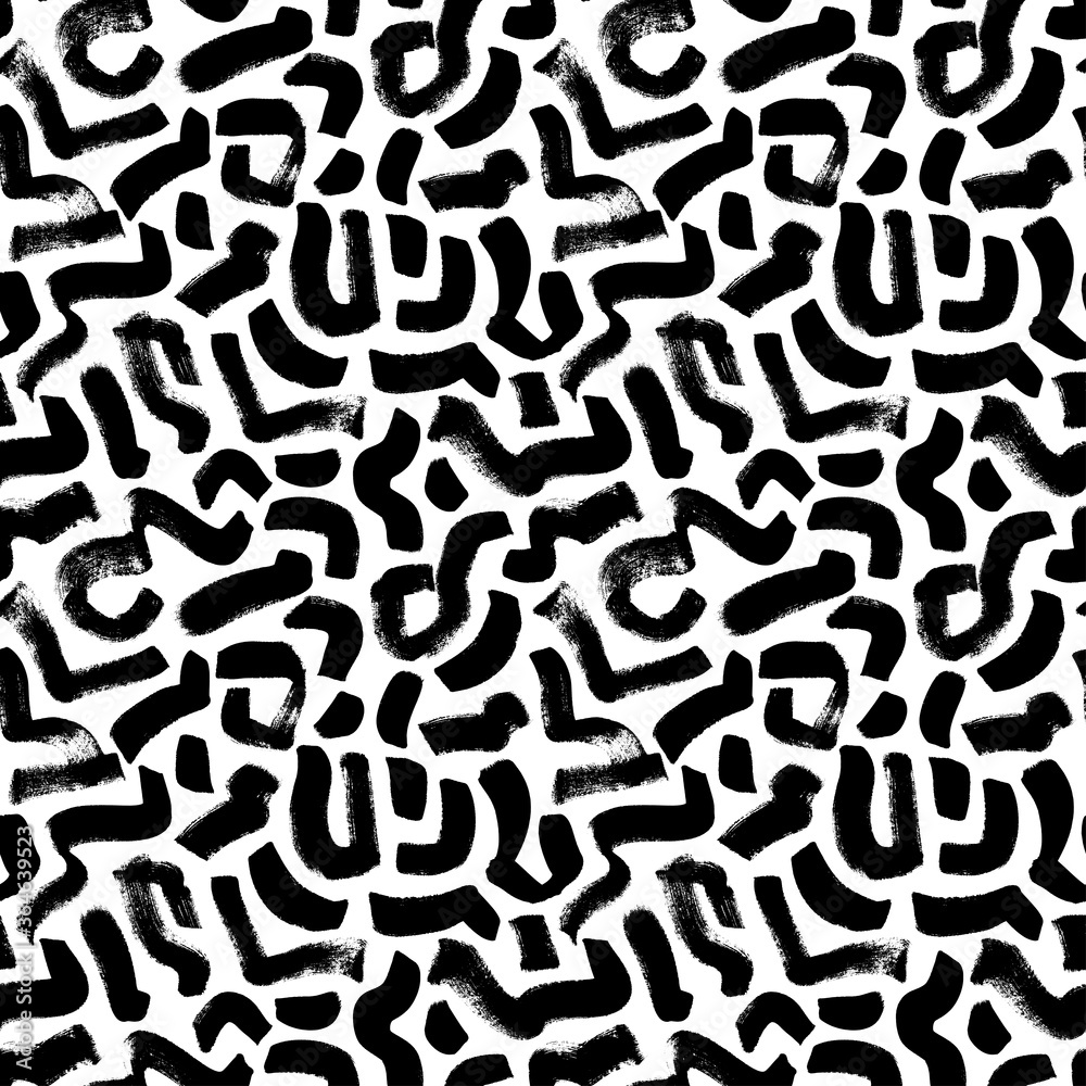 Organic irregular circular lines vector seamless pattern. Hand drawn black and white brush stroke texture. Mosaic grunge squiggle lines. Hand drawn ink abstract background.