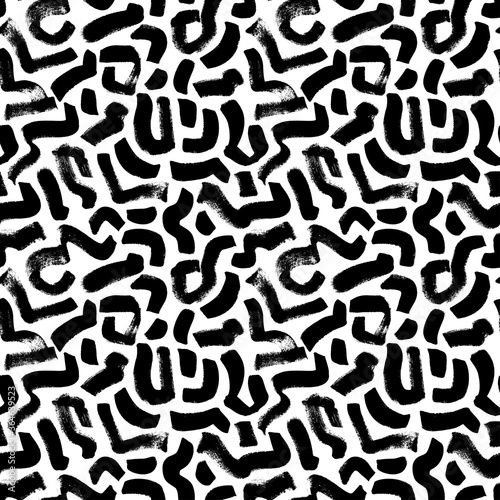 Organic irregular circular lines vector seamless pattern. Hand drawn black and white brush stroke texture. Mosaic grunge squiggle lines. Hand drawn ink abstract background.