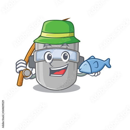 Cartoon design style of welding mask goes to fishing
