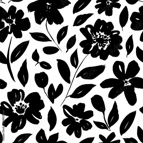 Seamless floral vector pattern with peonies, roses, anemones. Hand drawn black paint illustration with abstract floral motif. Graphic hand drawn brush stroke botanical pattern. Leaves and blooms.
