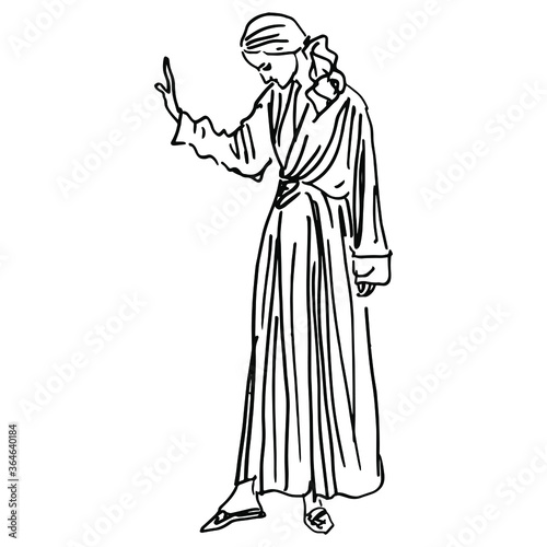 Illustration of a standing girl in bath robe. Hand drawn linear sketch. Black and white silhouette.