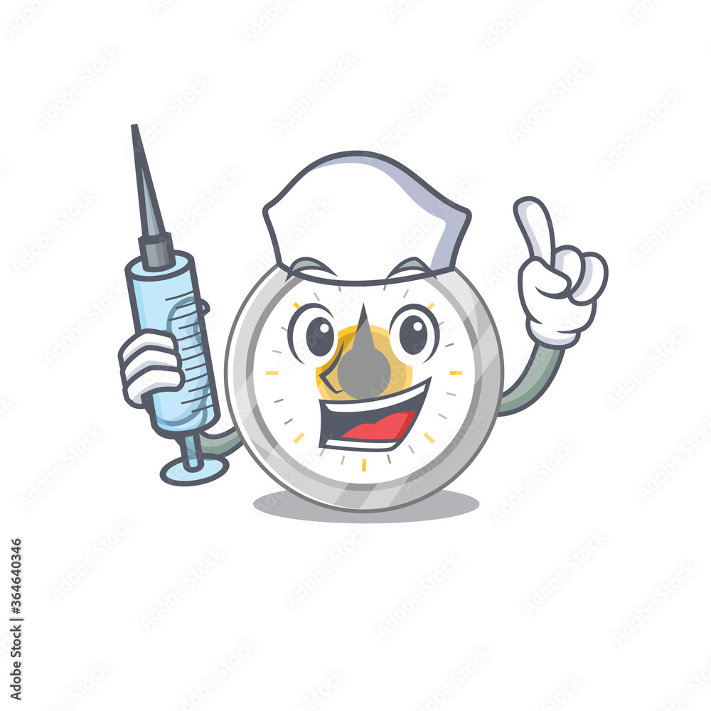 A dedicate old kitchen timer nurse mascot design with a syringe A dedicate old kitchen timer nurse mascot design with a syringe